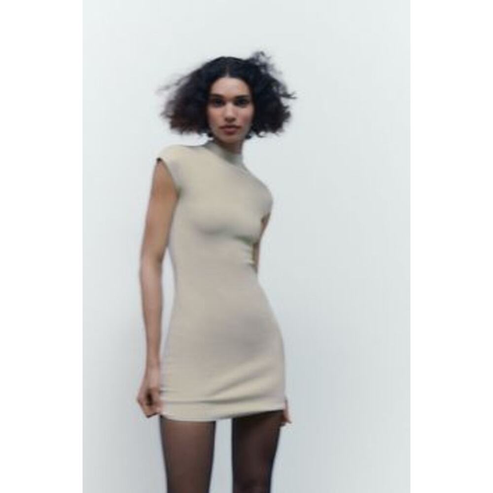 NWT Zara Taupe Tan Knit Short Sleeve Bodycon Dress - Small